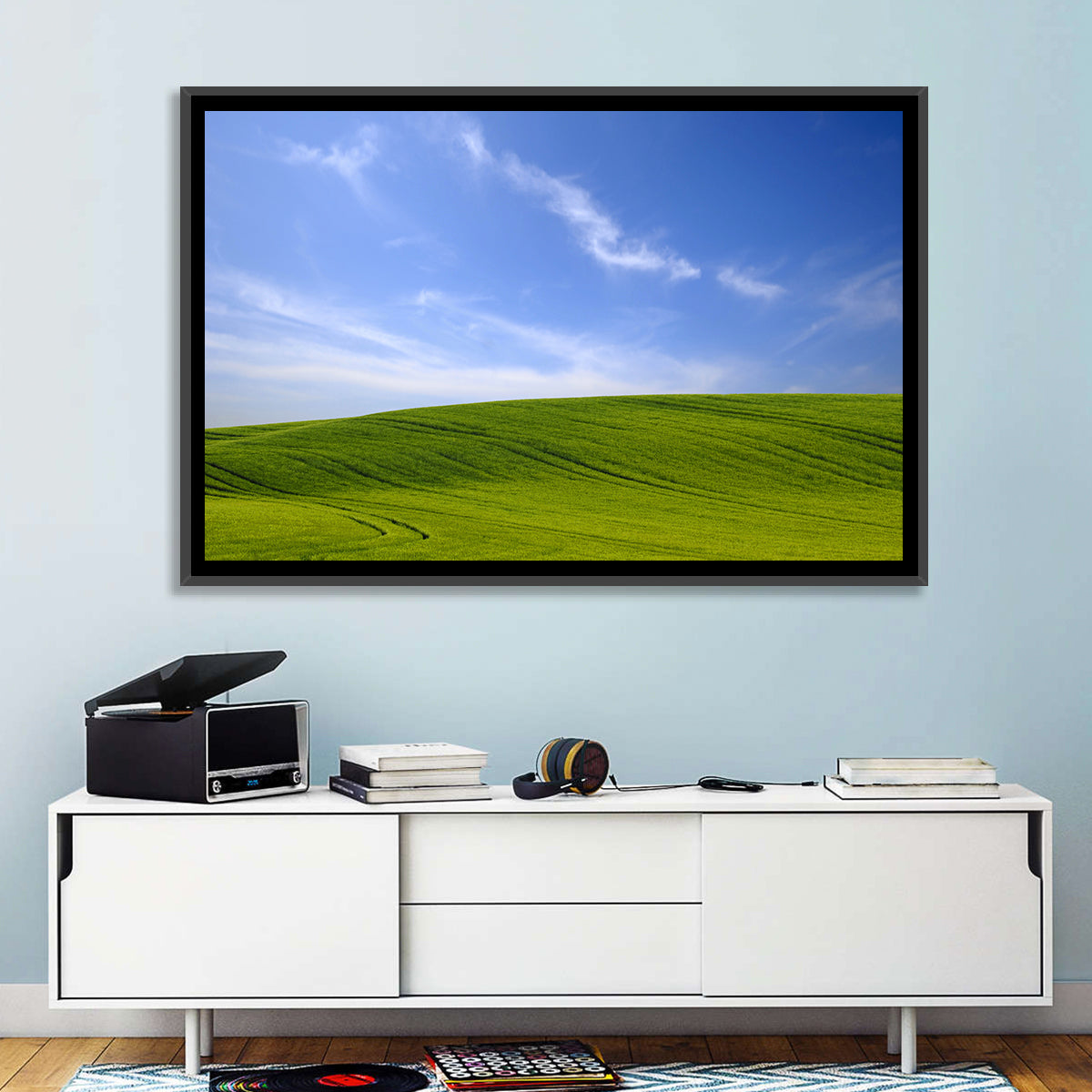 Rolling Green Hill with Blue Sky Wall Art in a room, landscape
