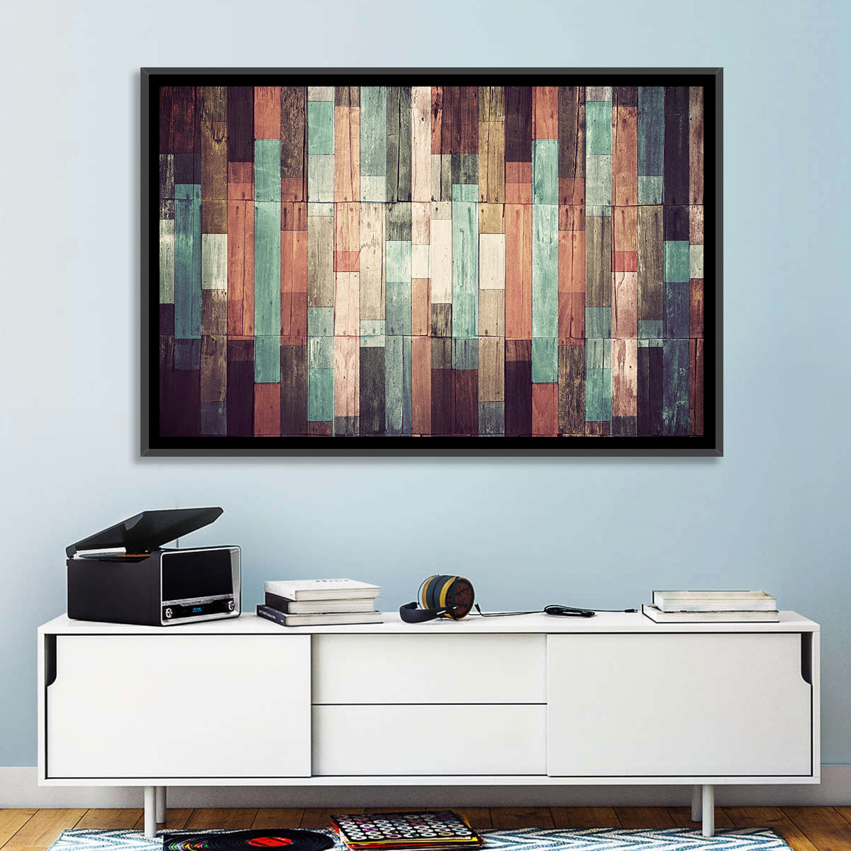 Sound Waves Wood Planks Wall Art in a room, landscape