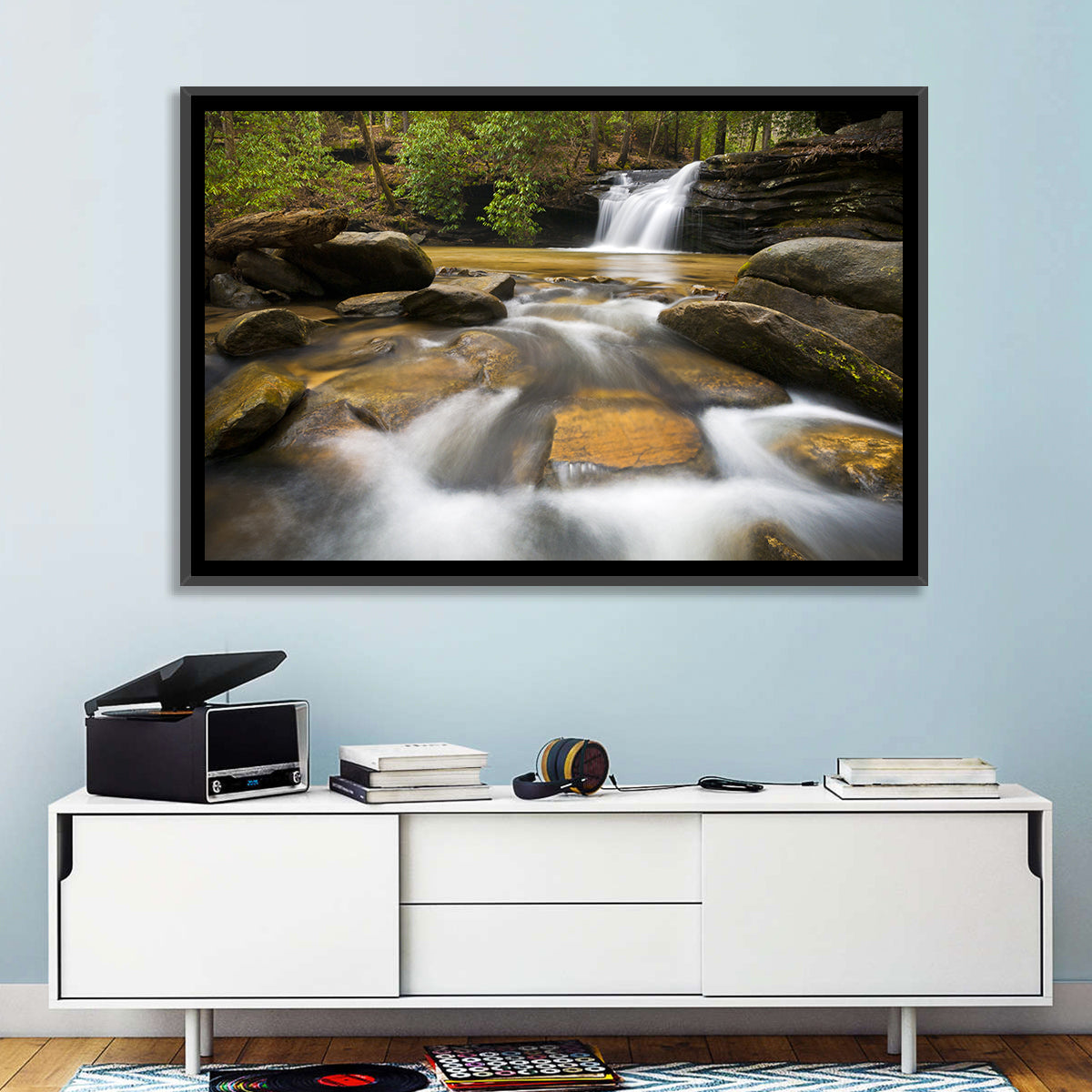 South Carolina Forest Waterfall Wall Art in a room, landscape