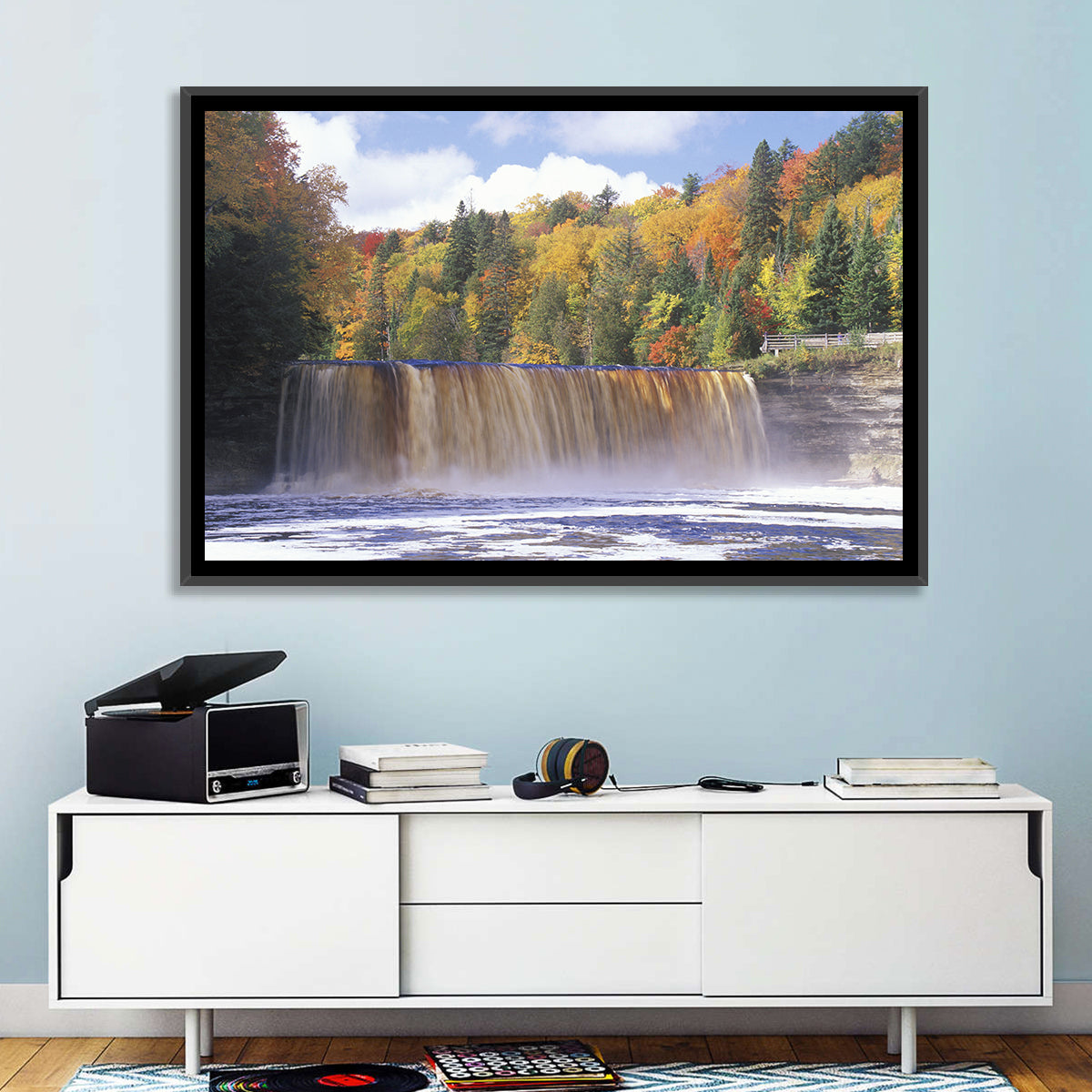 Tahquamenon Falls Autumn Waterfall Wall Art in a room, landscape