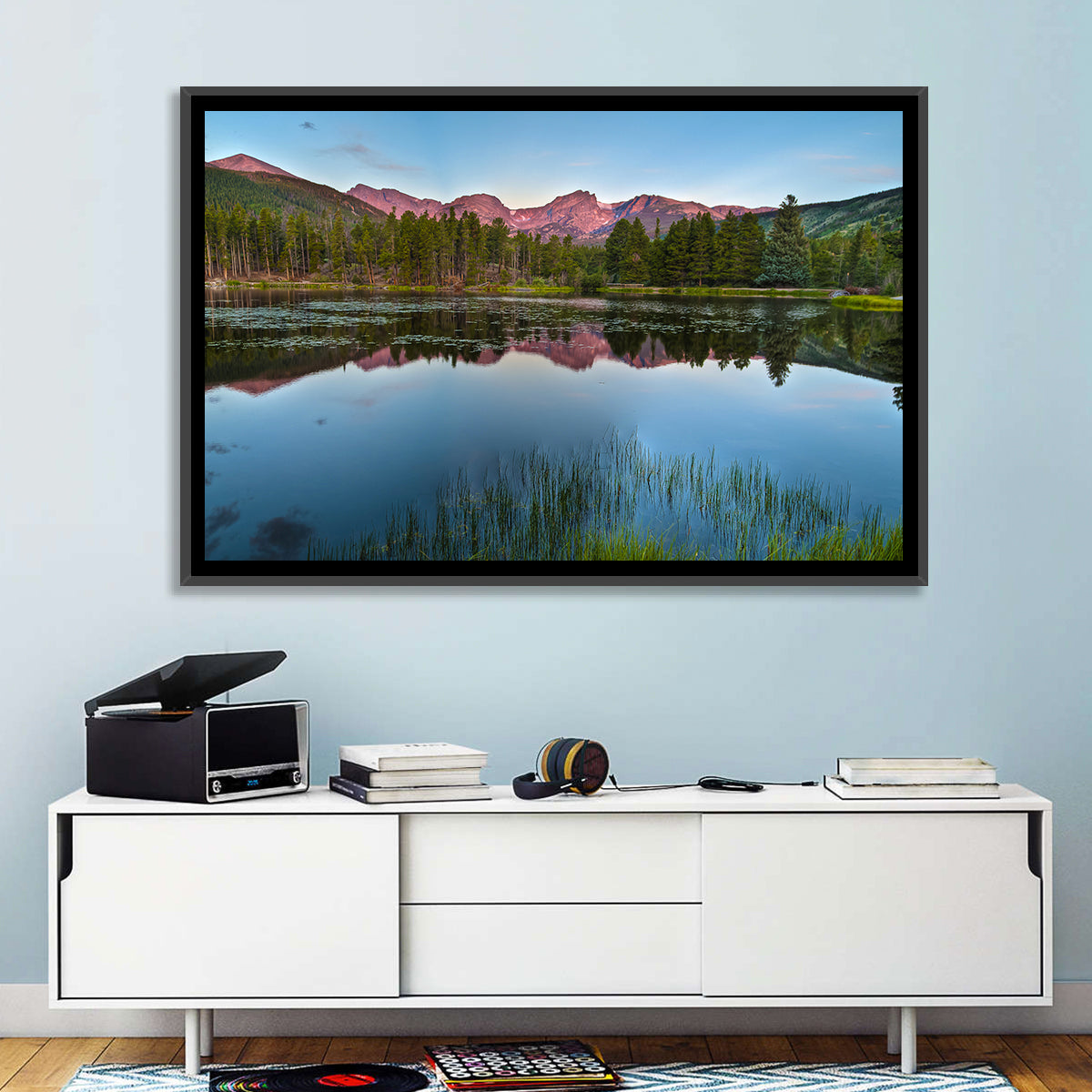 Sprague Lake Reflection Wall Art in a room, landscape
