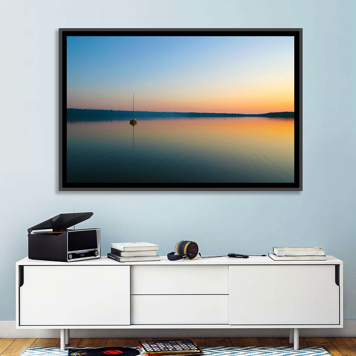 Cyprus Lake Sunset Boat Wall Art in a room, landscape