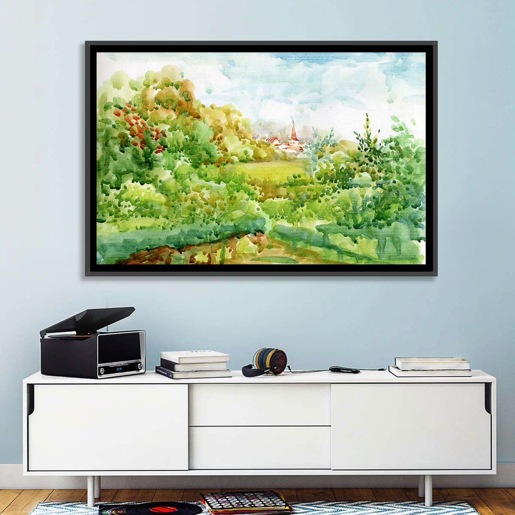 Red Steeple Village Watercolor Wall Art