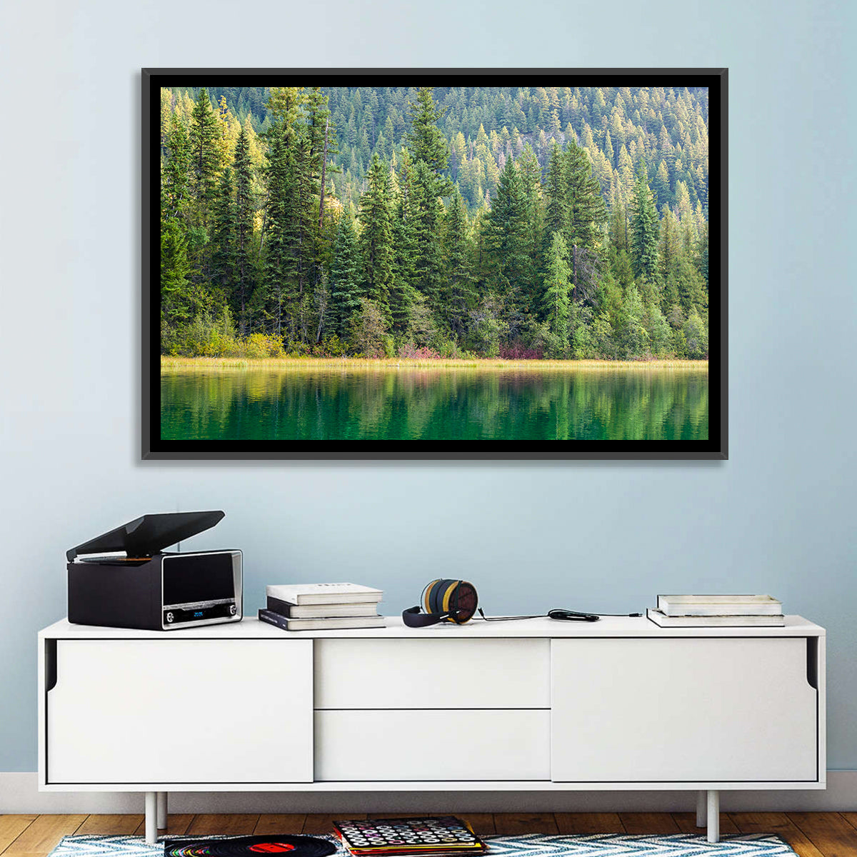 Tranquil Forest Lake Wall Art in a room, landscape
