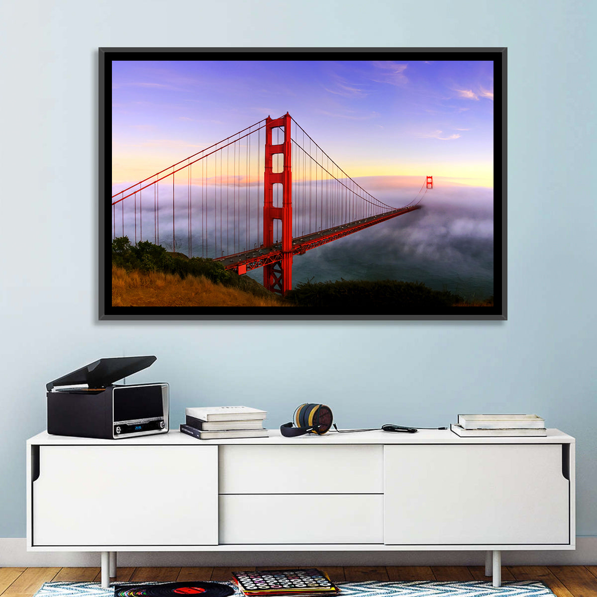Foggy Golden Gate Bridge Wall Art in a room, landscape