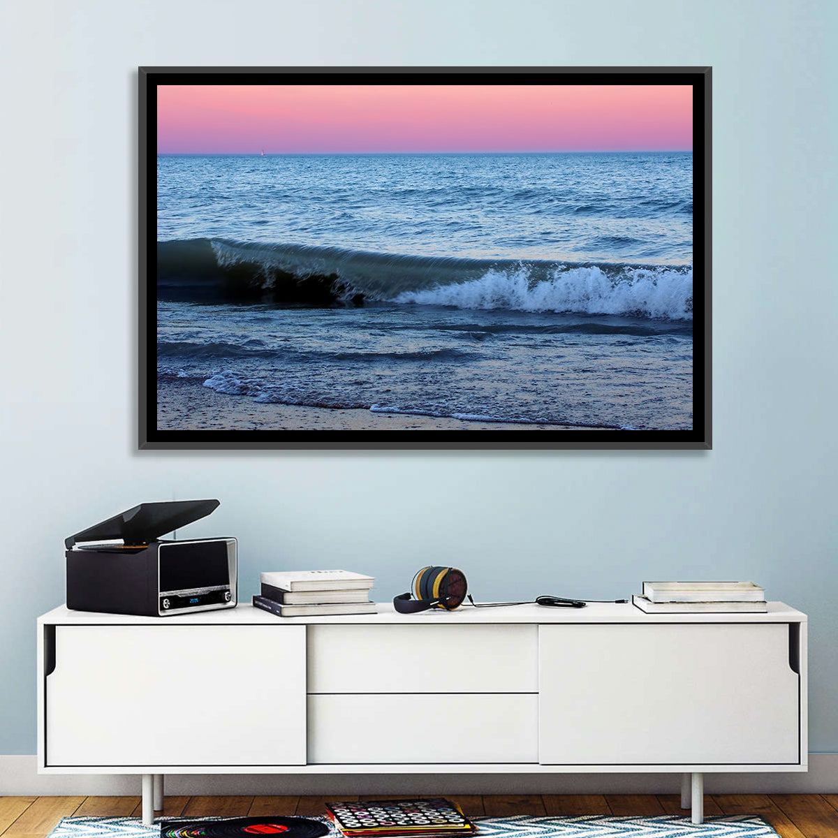 Lake Michigan Sunset with Sailboat Wall Art in a room, landscape