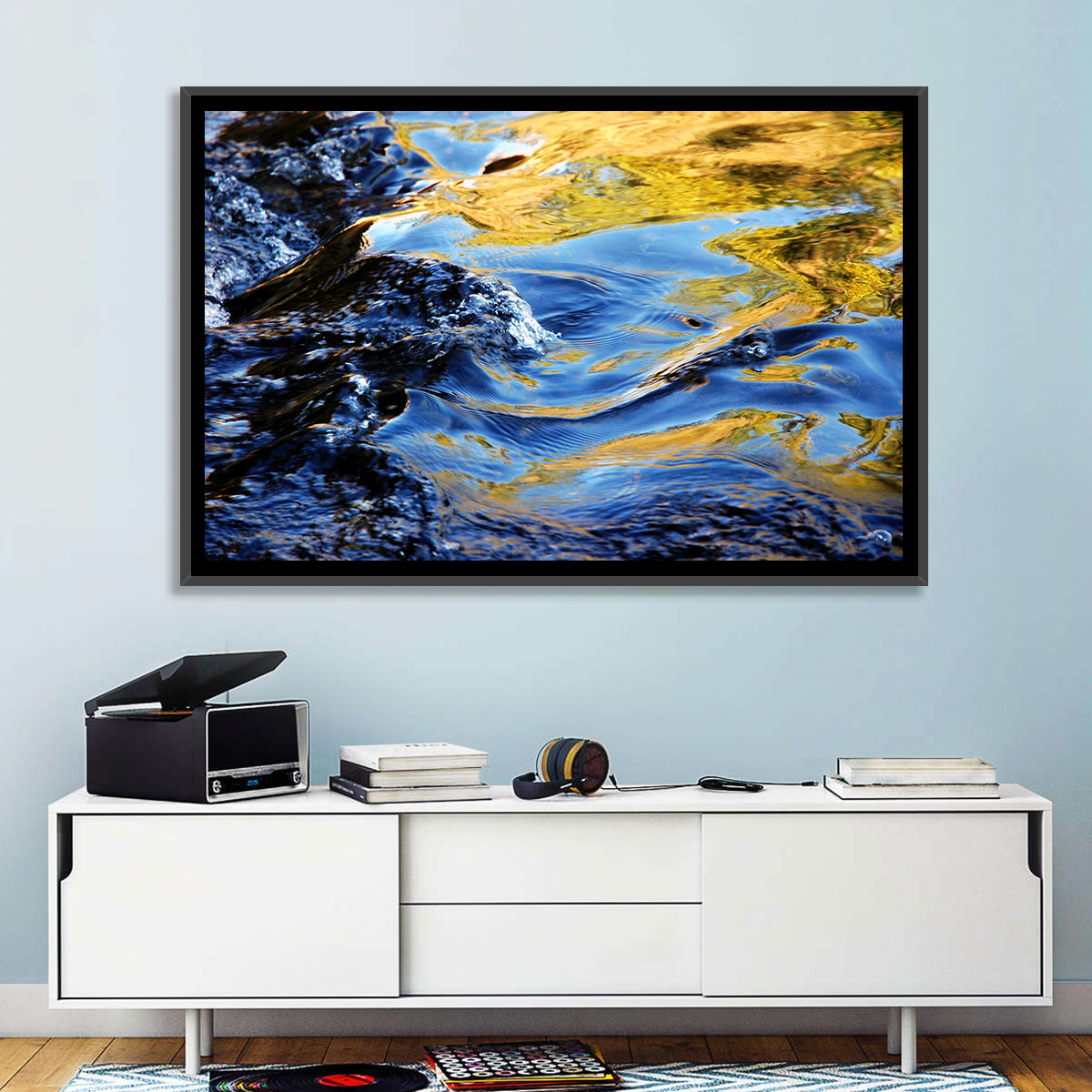 Flowing Stream with Golden Reflections Wall Art in a room, landscape