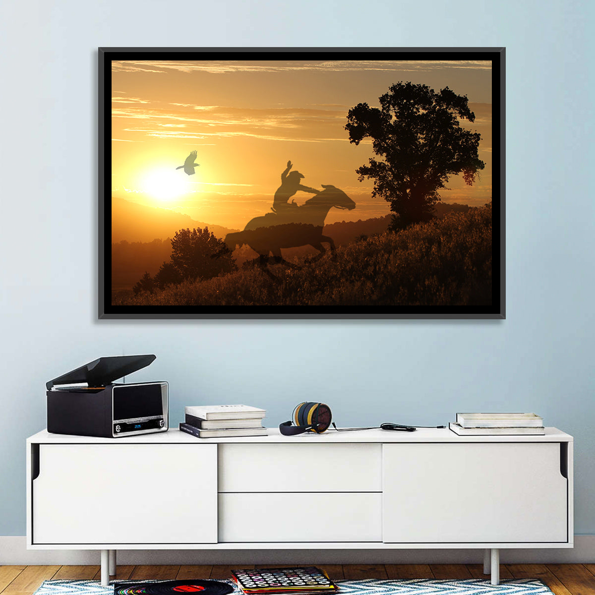 Cowboy Silhouette at Golden Sunset Wall Art in a room, landscape