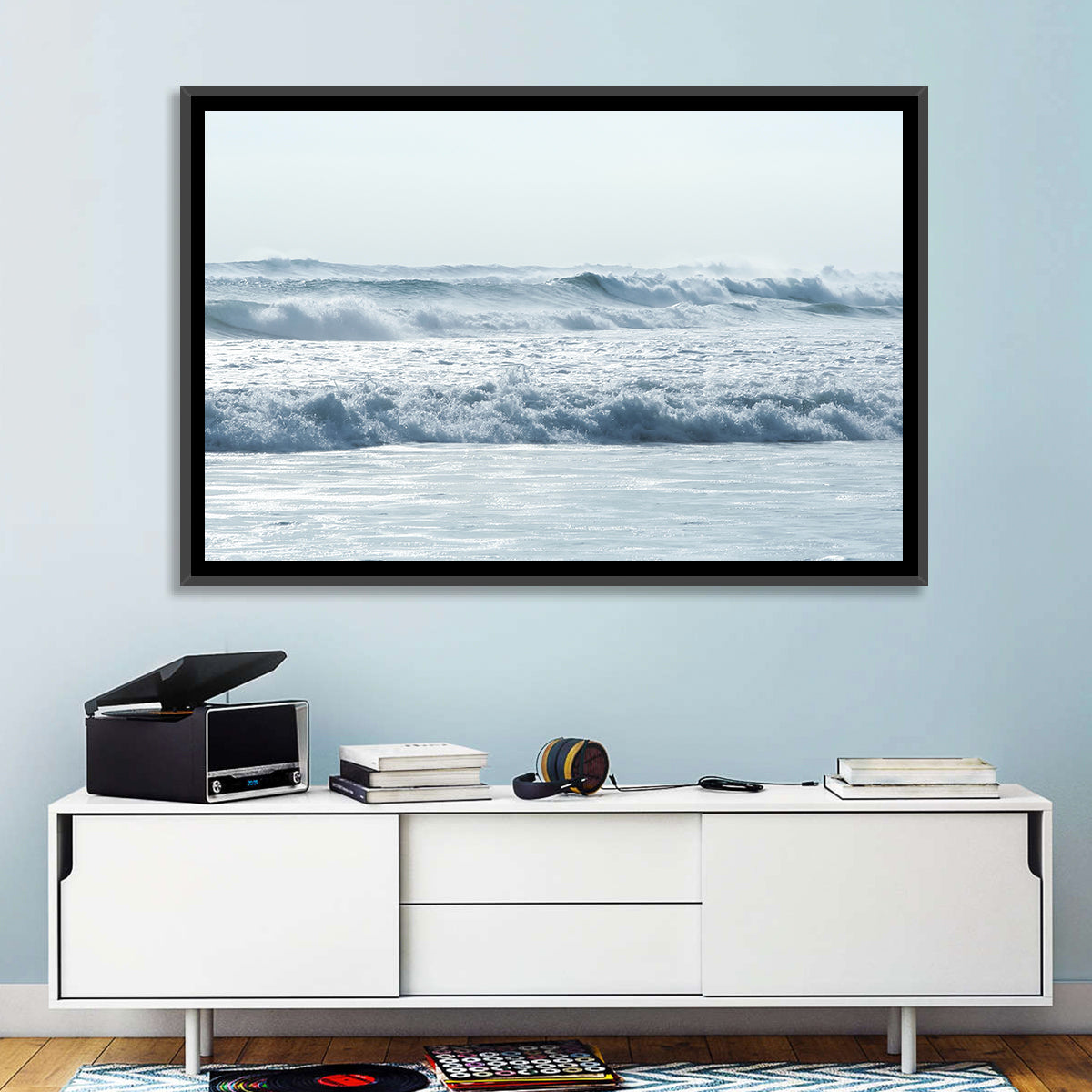 Misty Horizon Ocean Waves Wall Art in a room, landscape