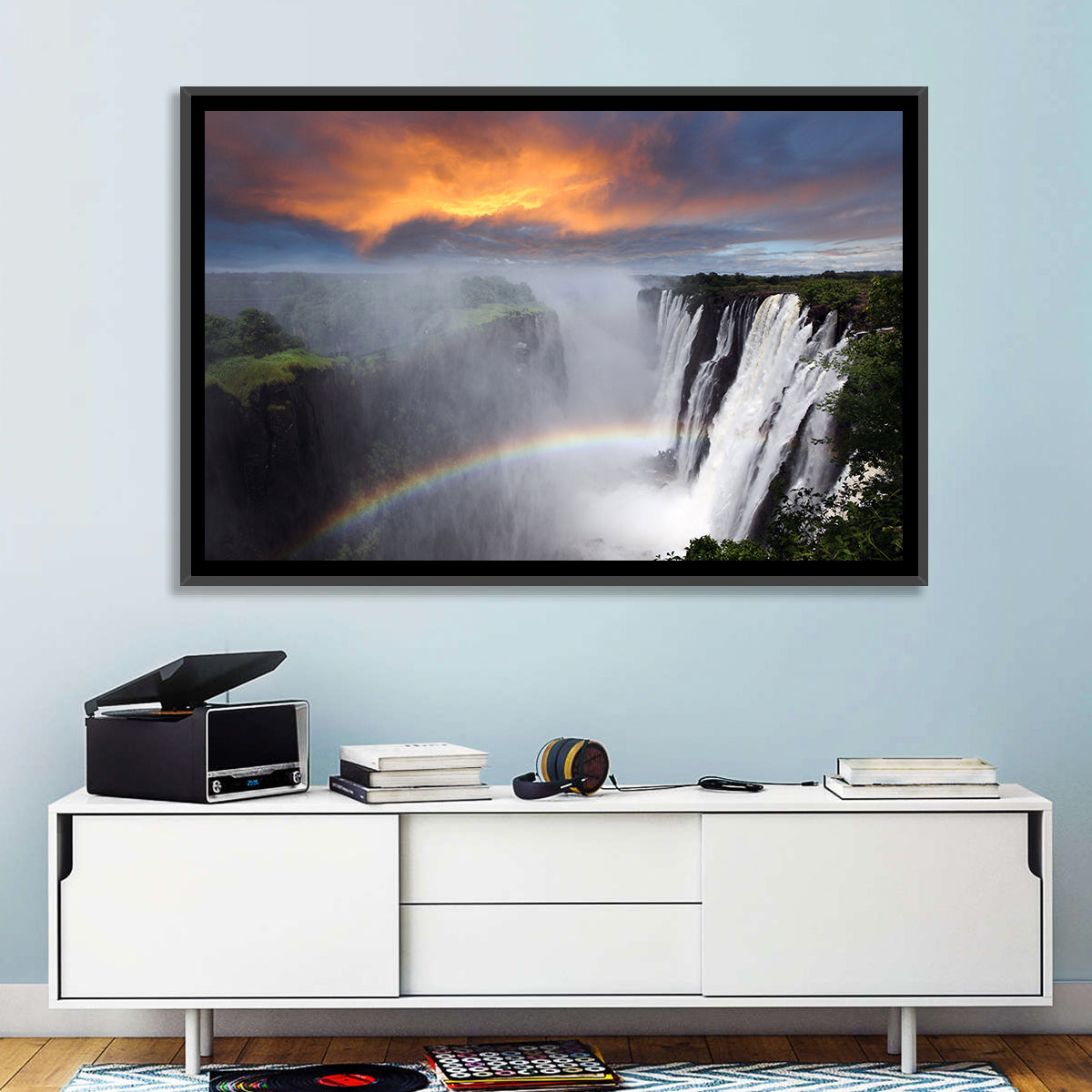 Victoria Falls Rainbow at Dusk Wall Art in a room, landscape