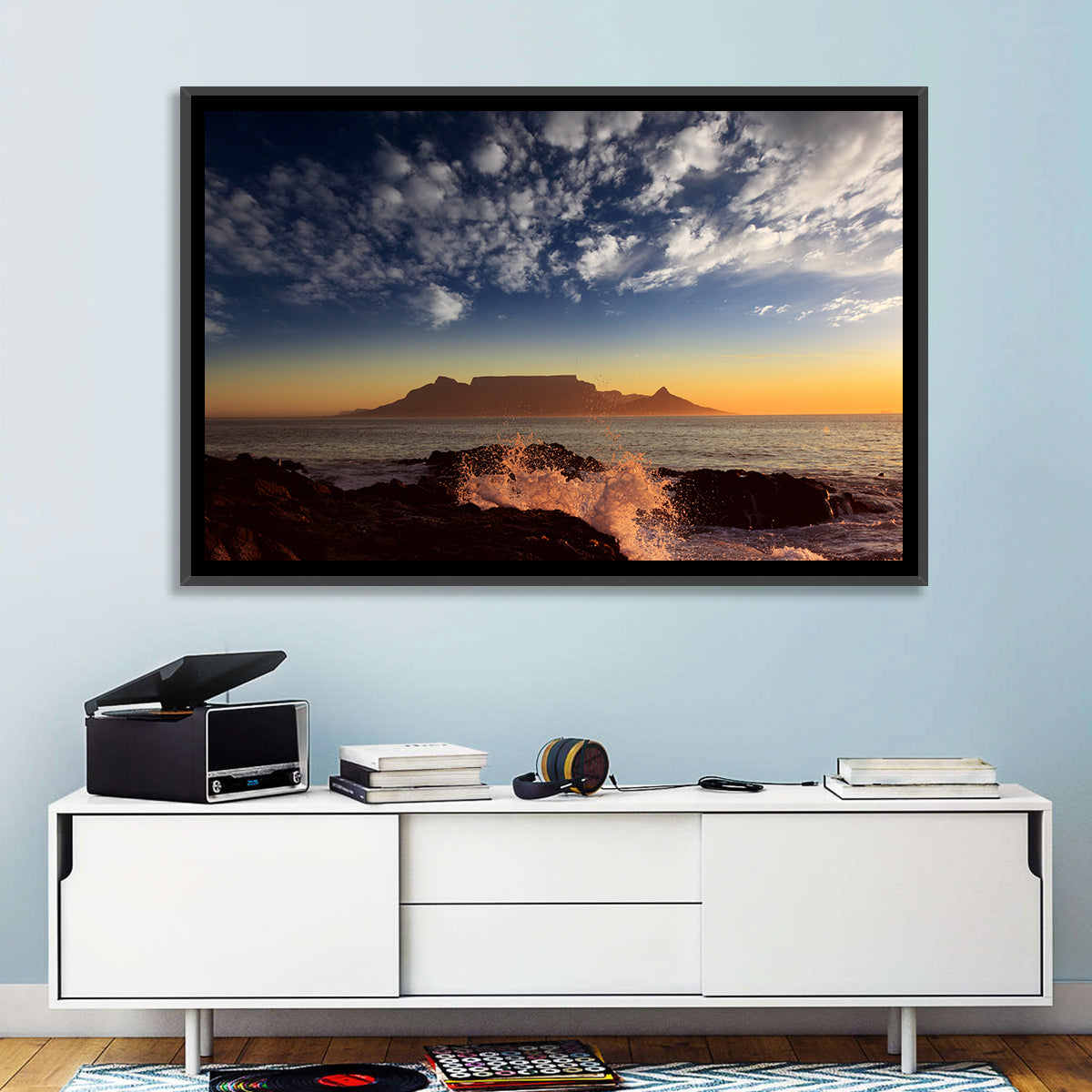 Table Mountain Sunset Silhouette Wall Art in a room, landscape
