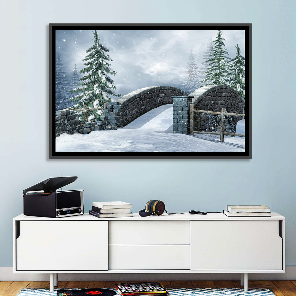 Snowy Stone Bridge in Winter Forest Wall Art in a room, landscape
