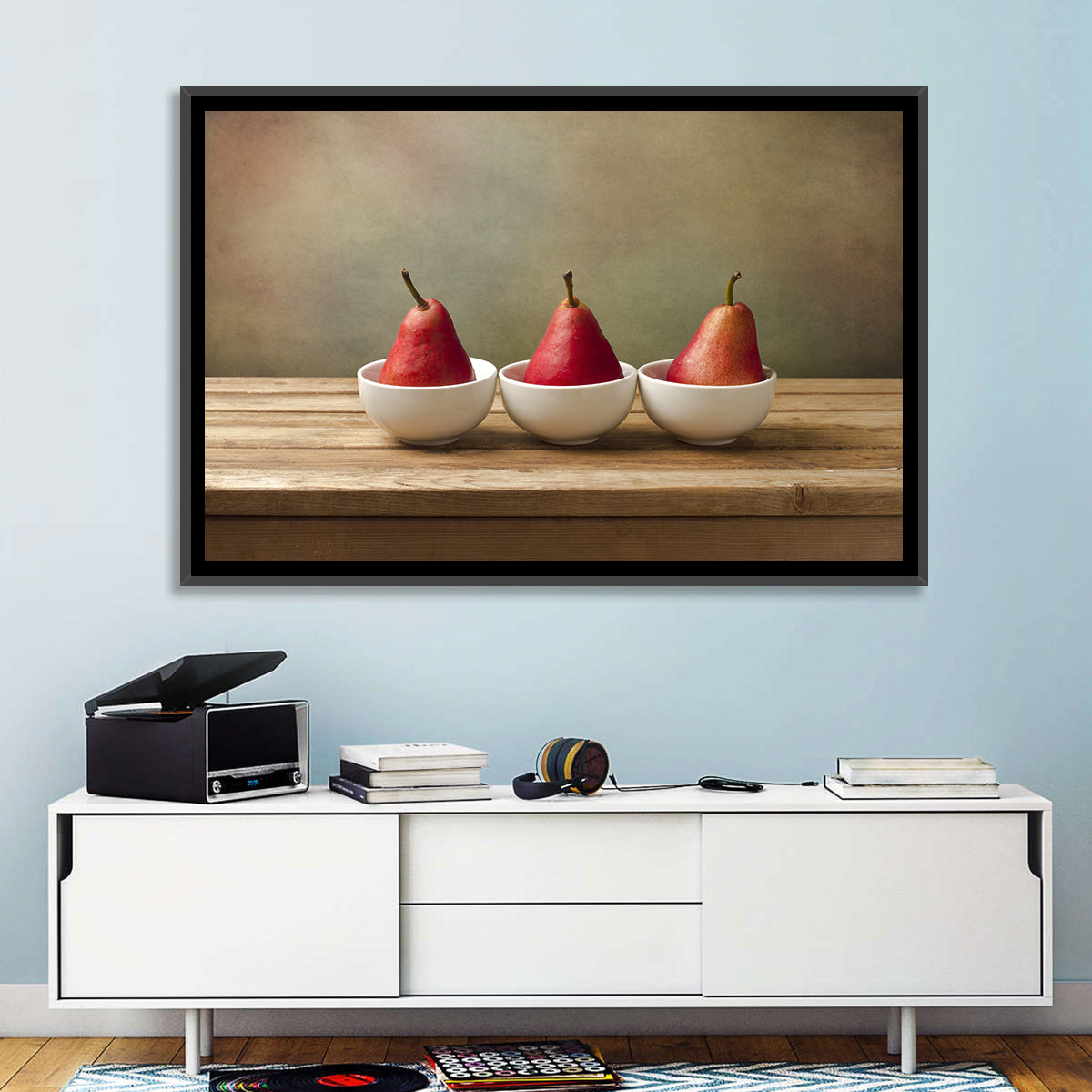 Three Red Pears in Bowls Wall Art in a room, landscape