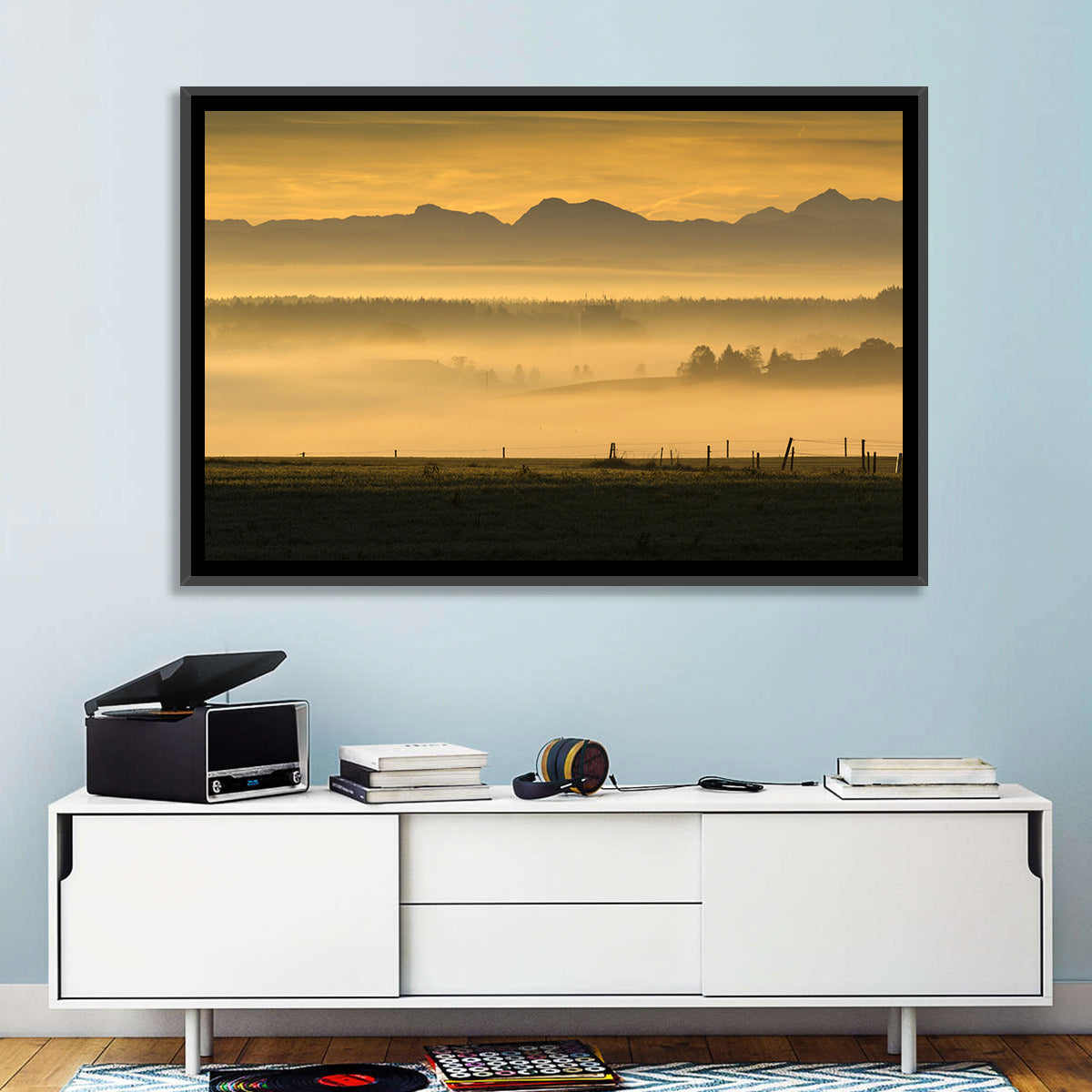 Bavarian Alps Morning Haze Wall Art in a room, landscape