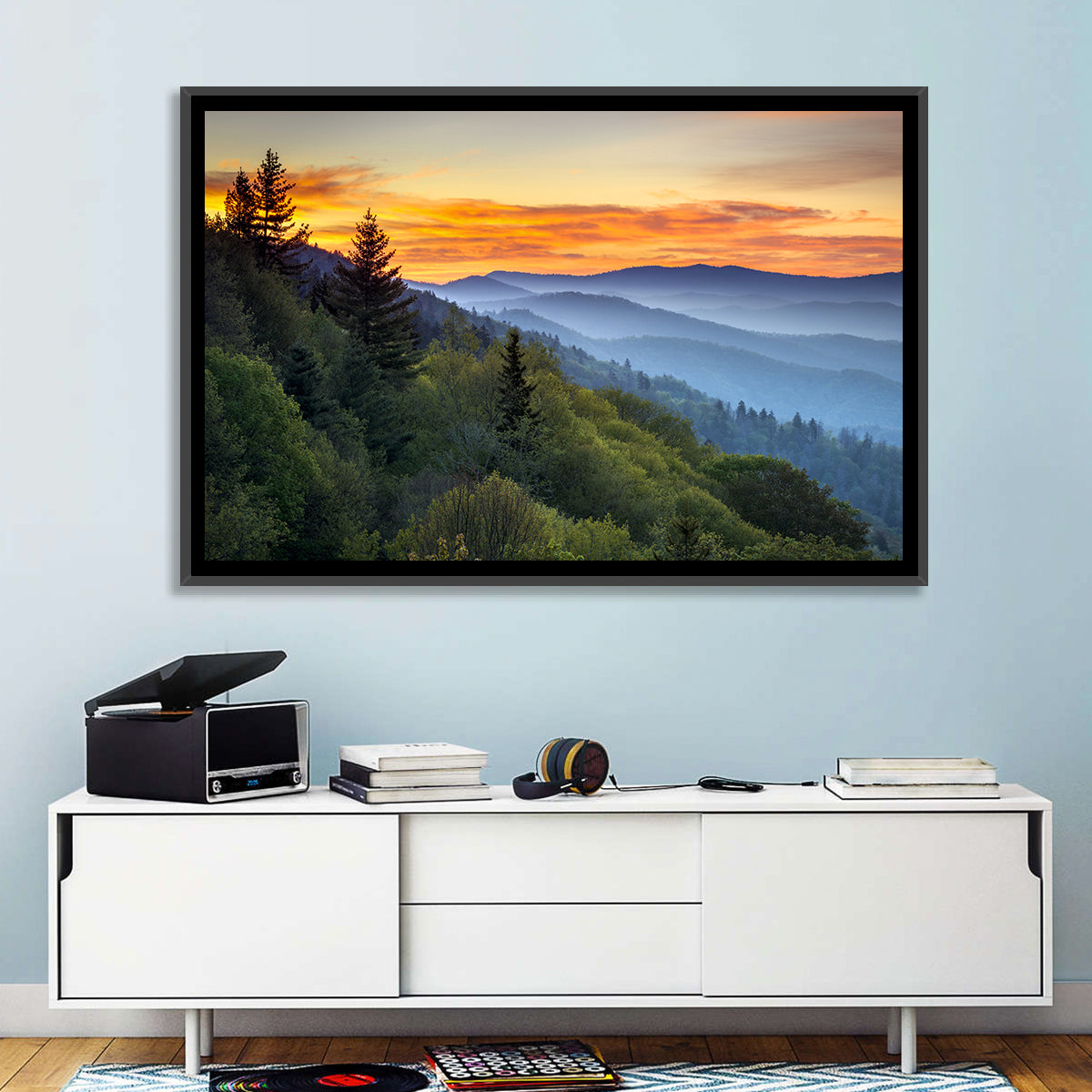 Great Smoky Mountains Sunset Wall Art in a room, landscape