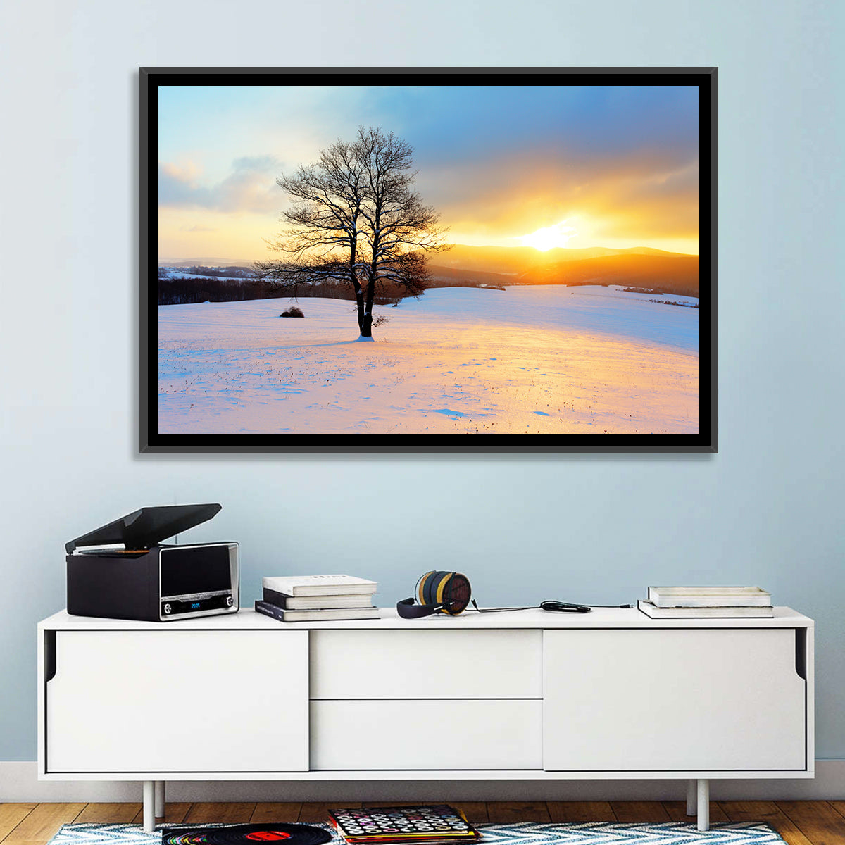 Snowy Winter Sunrise Wall Art in a room, landscape