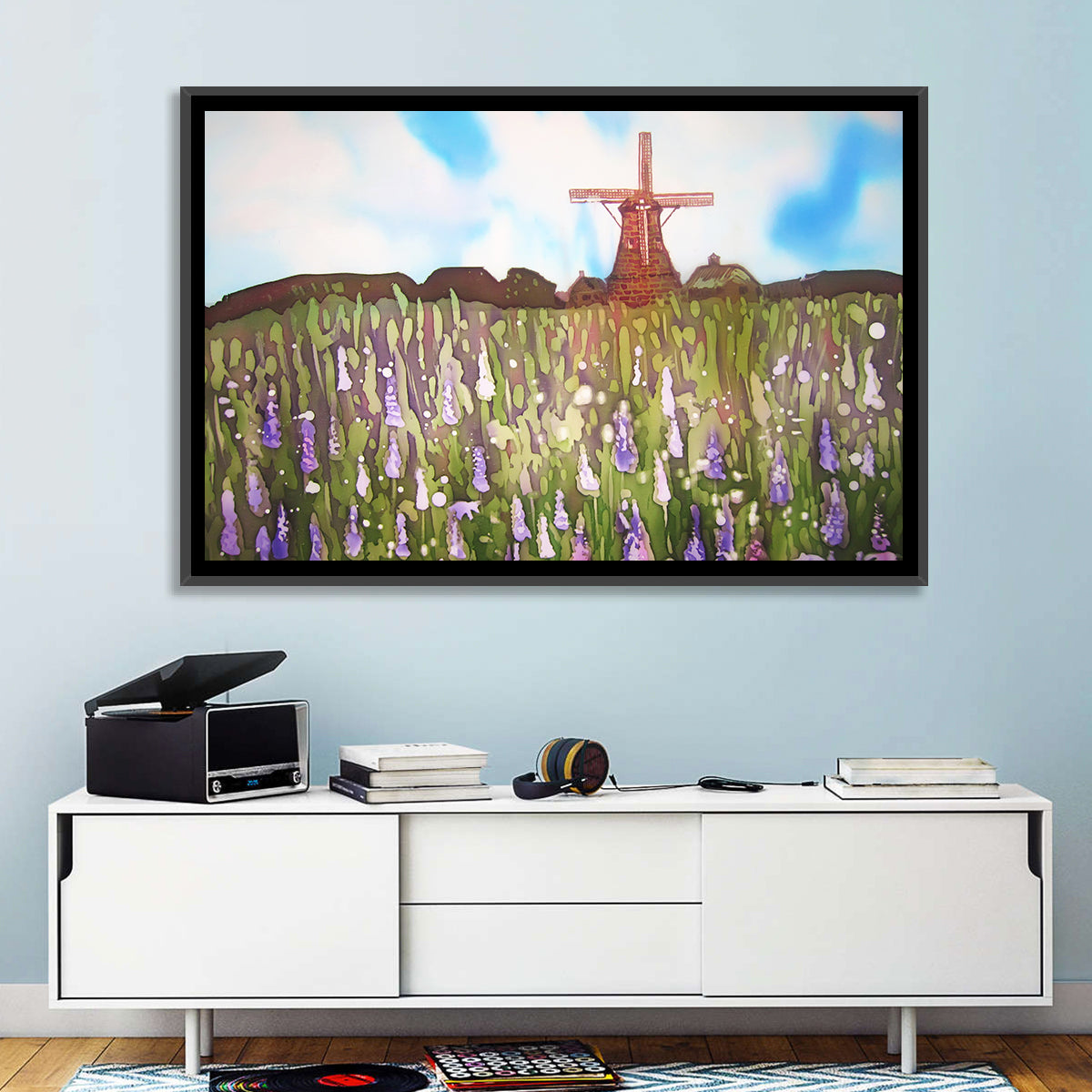 Ink Wash Windmill in Blooming Field Wall Art in a room, landscape