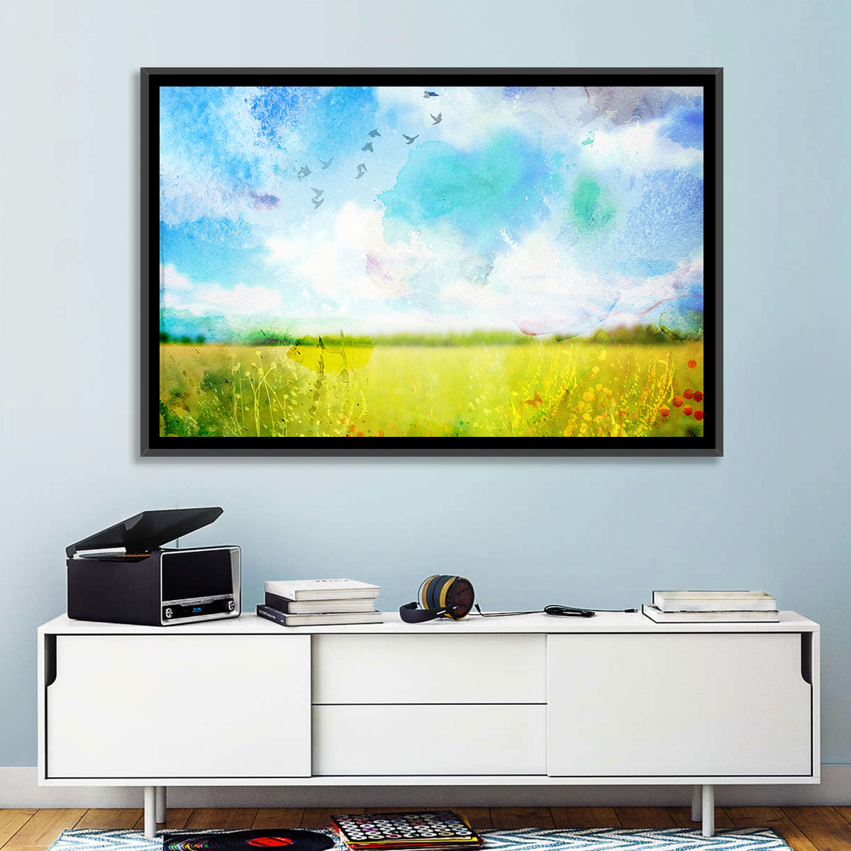 Watercolor Wildflower Field Wall Art in a room, landscape