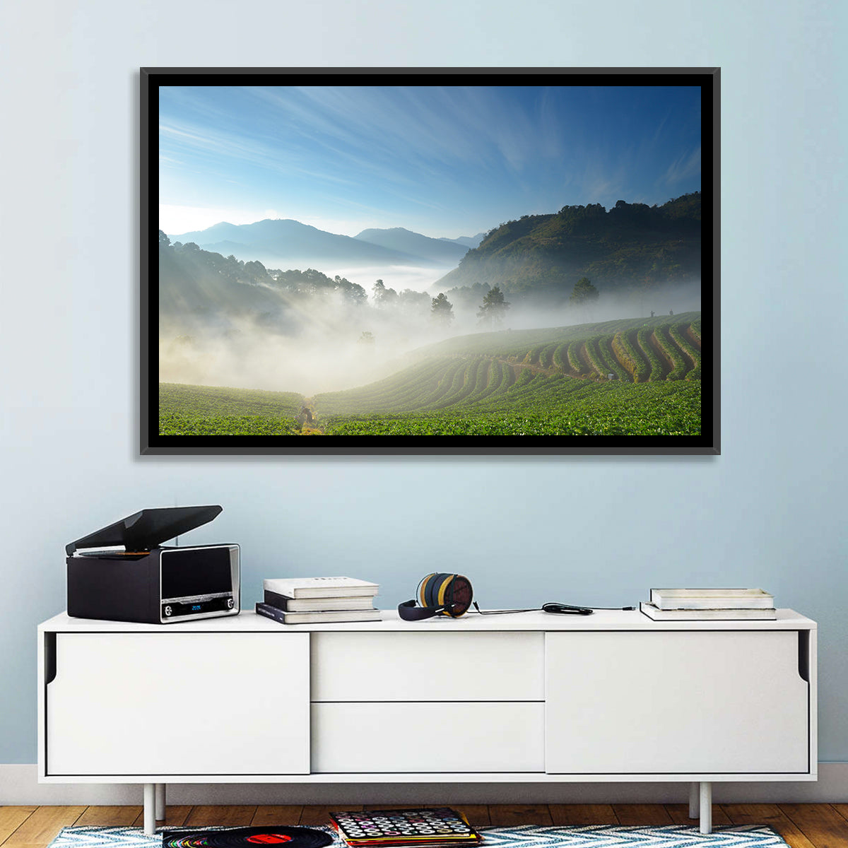 Sunlit Terraced Tea Hills Wall Art in a room, landscape