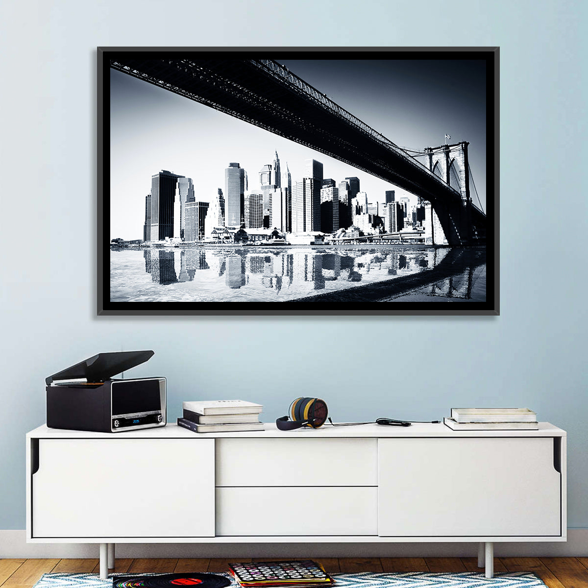 Brooklyn Bridge Low Angle Skyline Reflection Wall Art in a room, landscape
