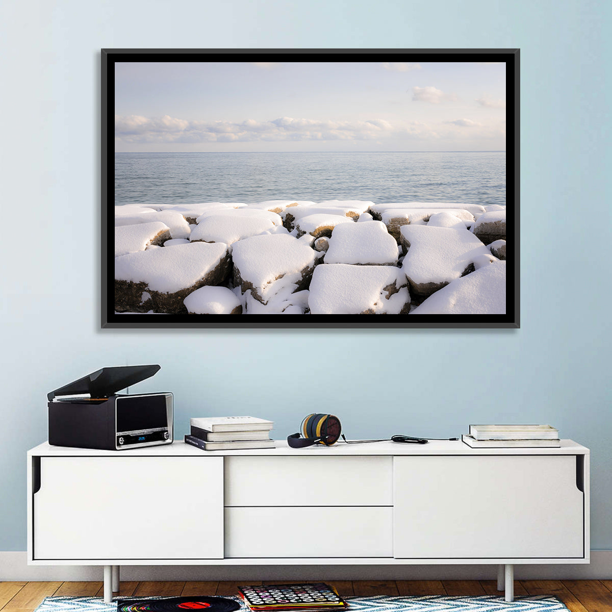 Lake Ontario Snowy Rocks Wall Art in a room, landscape