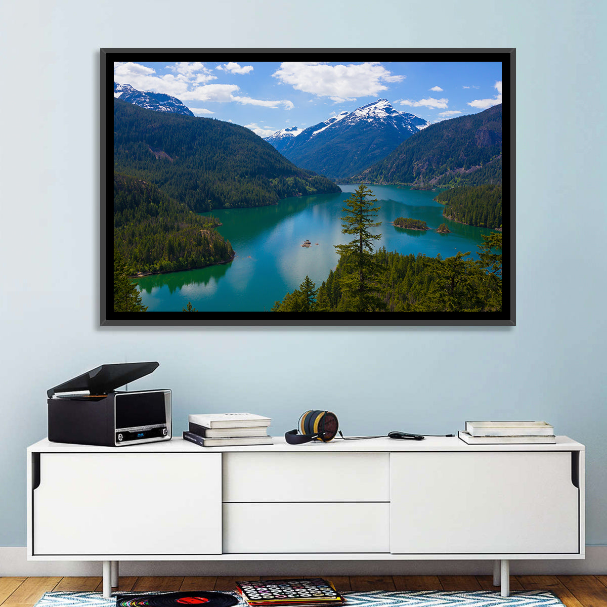 Diablo Lake Reflections Wall Art in a room, landscape