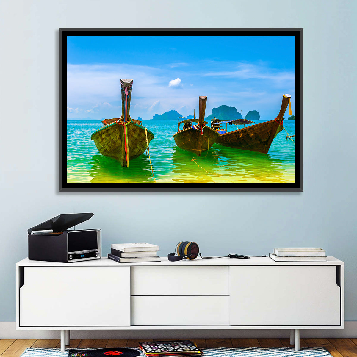Three Long-tail Boats on Turquoise Water Wall Art in a room, landscape