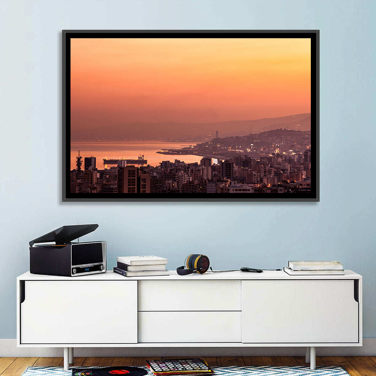 Beirut Sunset Skyline Wall Art in a room, landscape