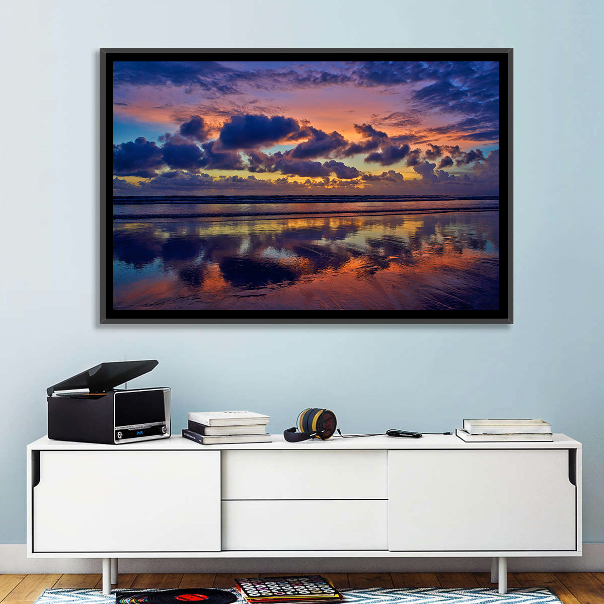 Dusk Beach Reflections Wall Art in a room, landscape