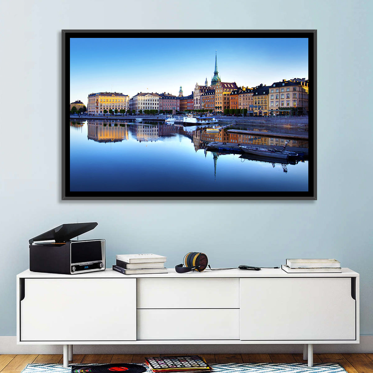 Gamla Stan Stockholm Skyline Wall Art in a room, landscape