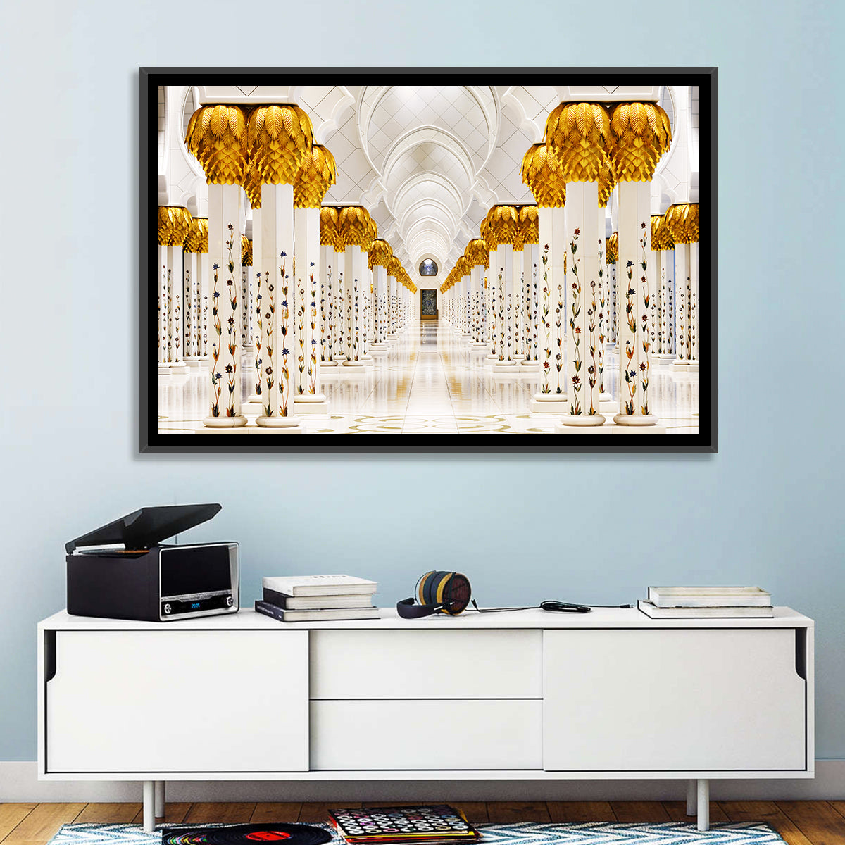 Sheikh Zayed Grand Mosque Colonnade Wall Art in a room, landscape