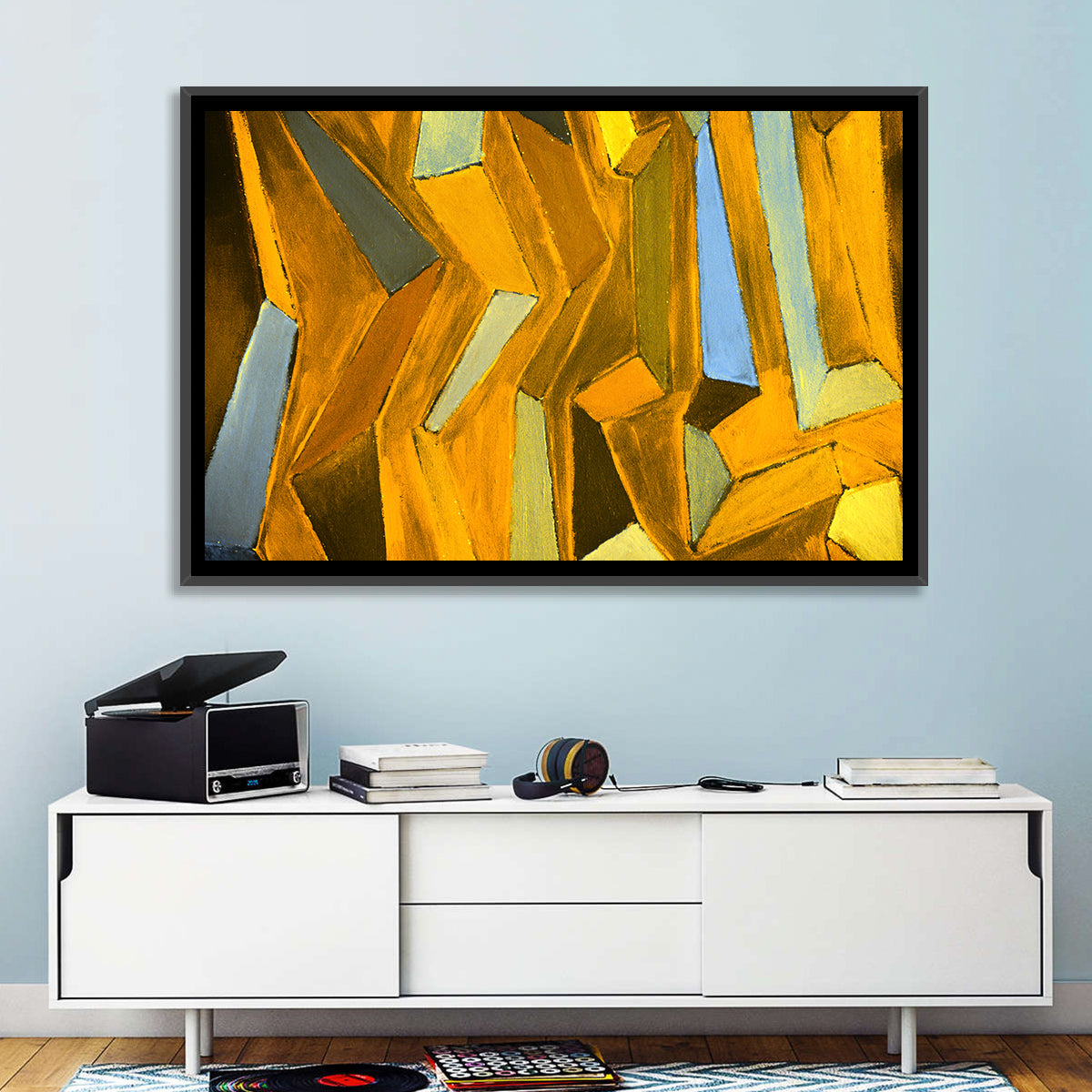 Golden Blocks Abstract Wall Art in a room, landscape