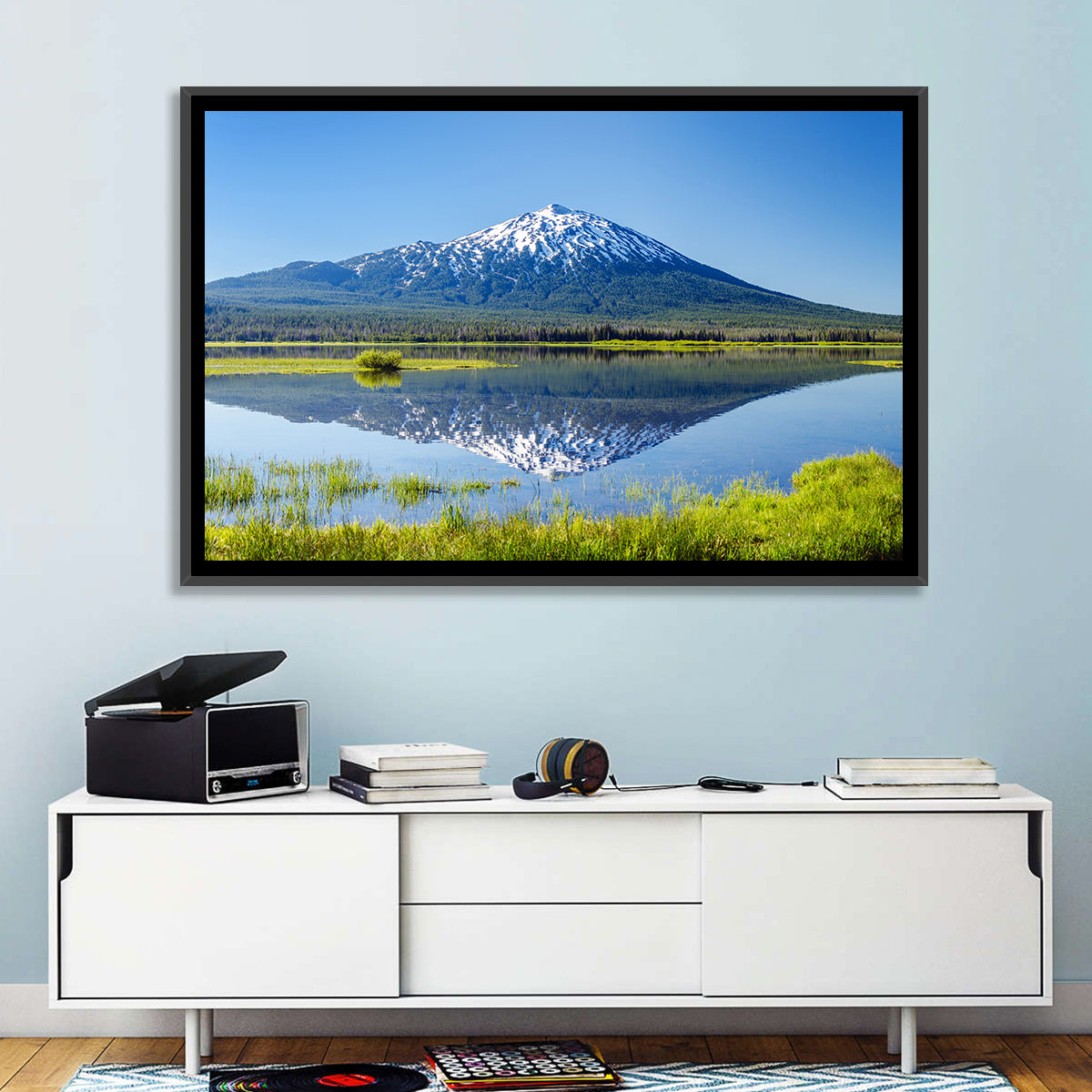 Mount Bachelor Lake Reflection Wall Art in a room, landscape