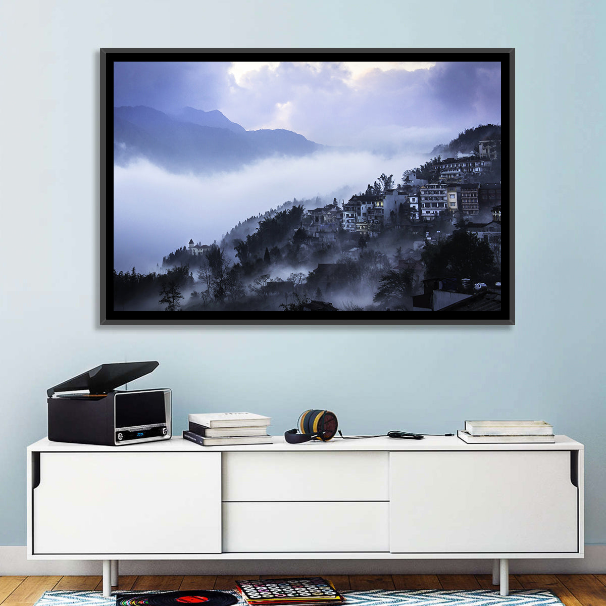 Misty Hillside Town Wall Art