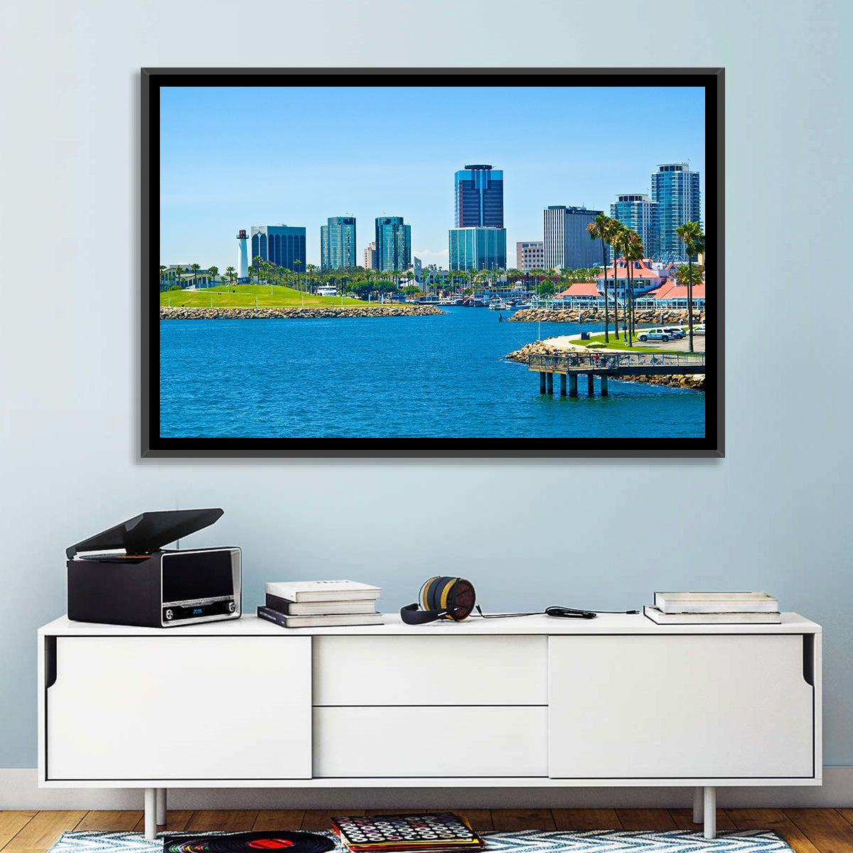 Long Beach Rainbow Harbor Skyline Wall Art in a room, landscape