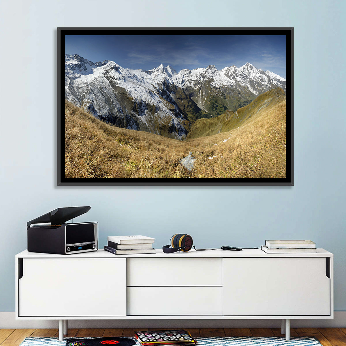 Crisp Alpine Valley with Snow-capped Peaks Wall Art in a room, landscape