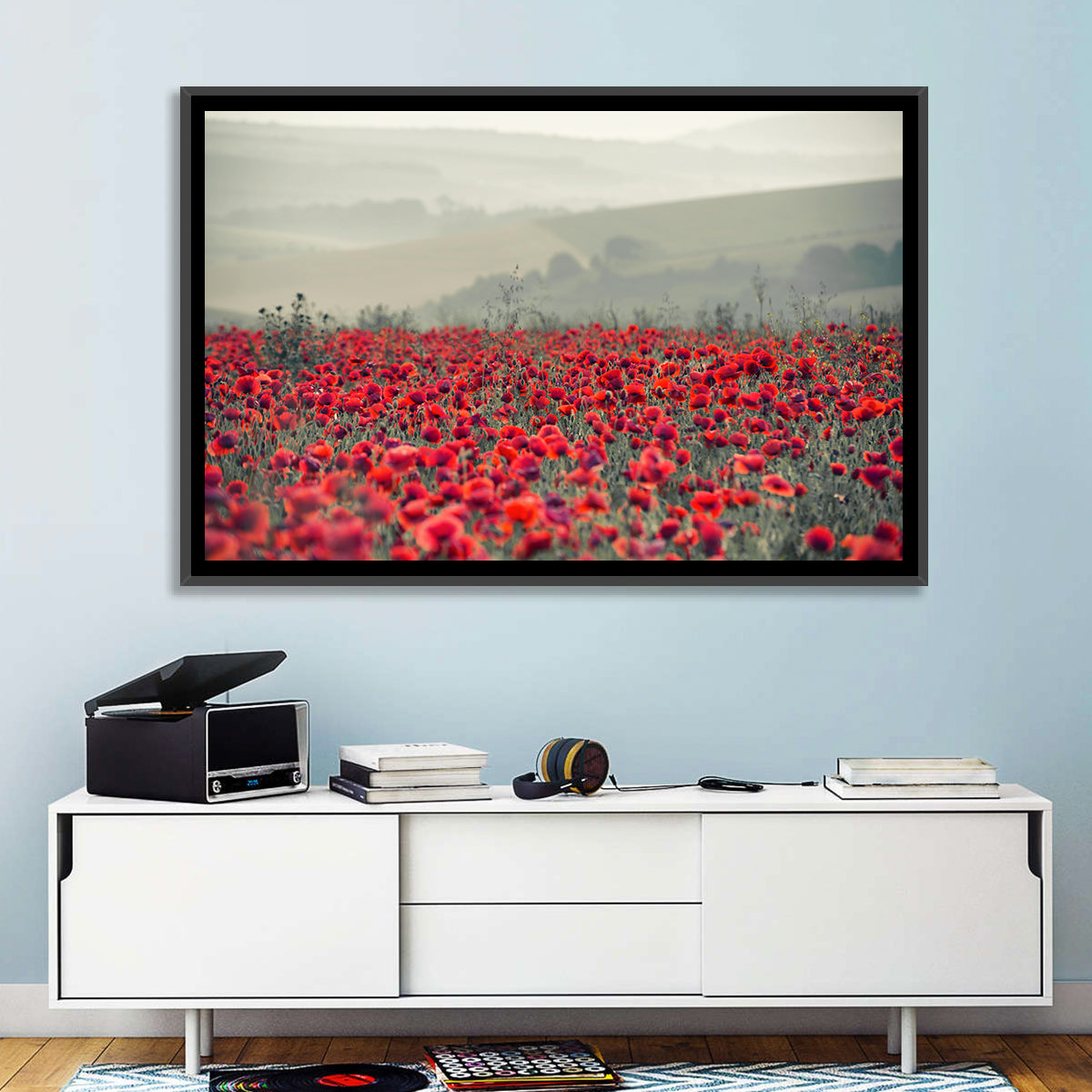 Red Poppy Field Wall Art in a room, landscape