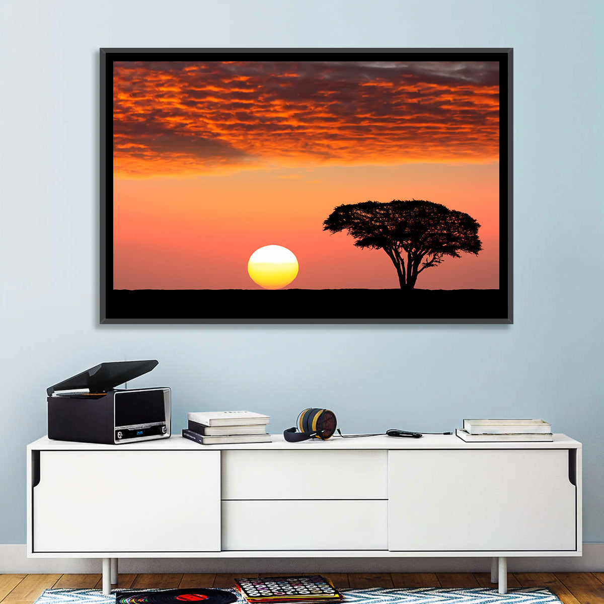 Serengeti Sunset Silhouette Wall Art in a room, landscape