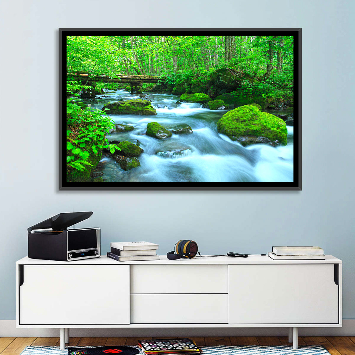 Mossy Forest Stream Wall Art in a room, landscape