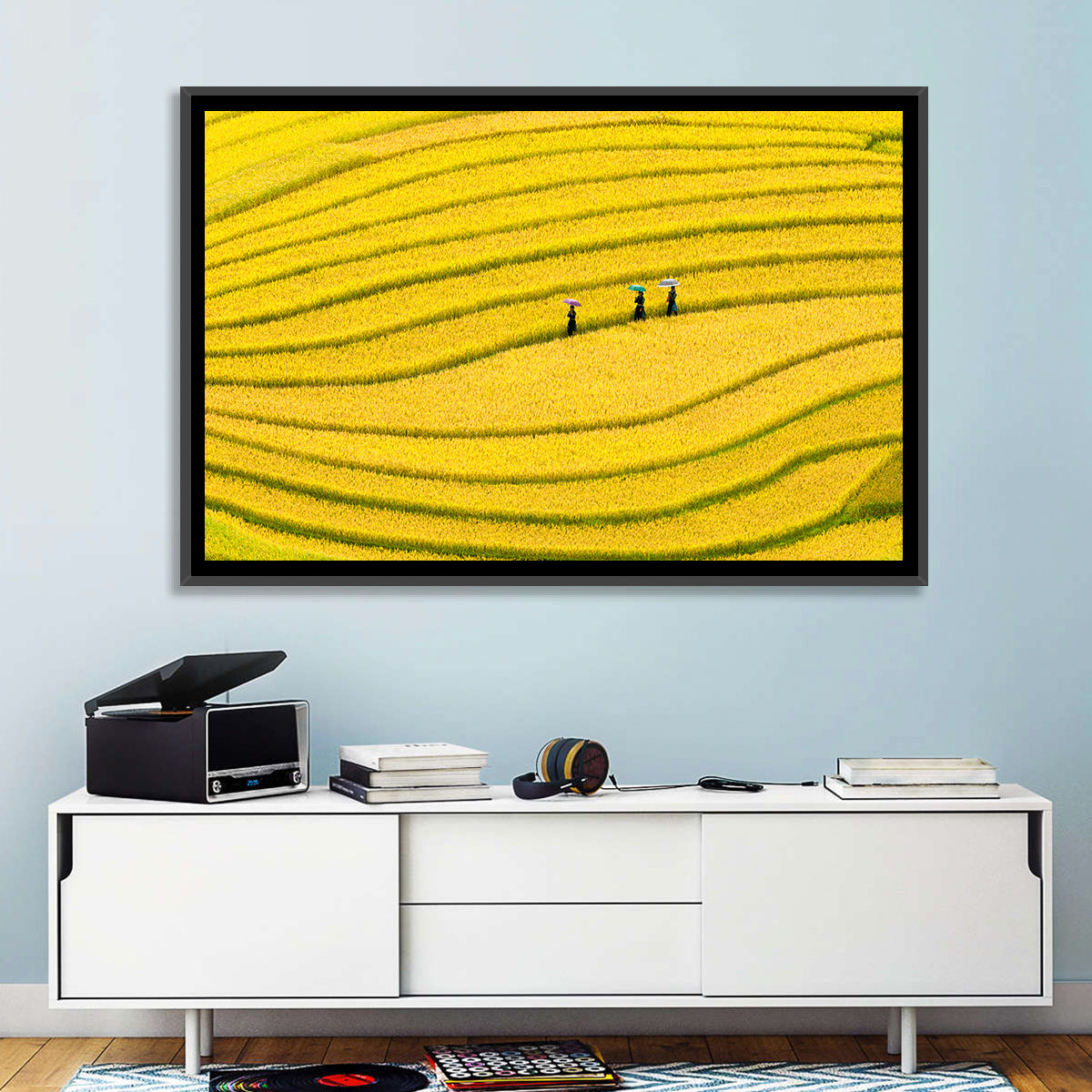 Golden Rice Terraces with Umbrellas Wall Art in a room, landscape