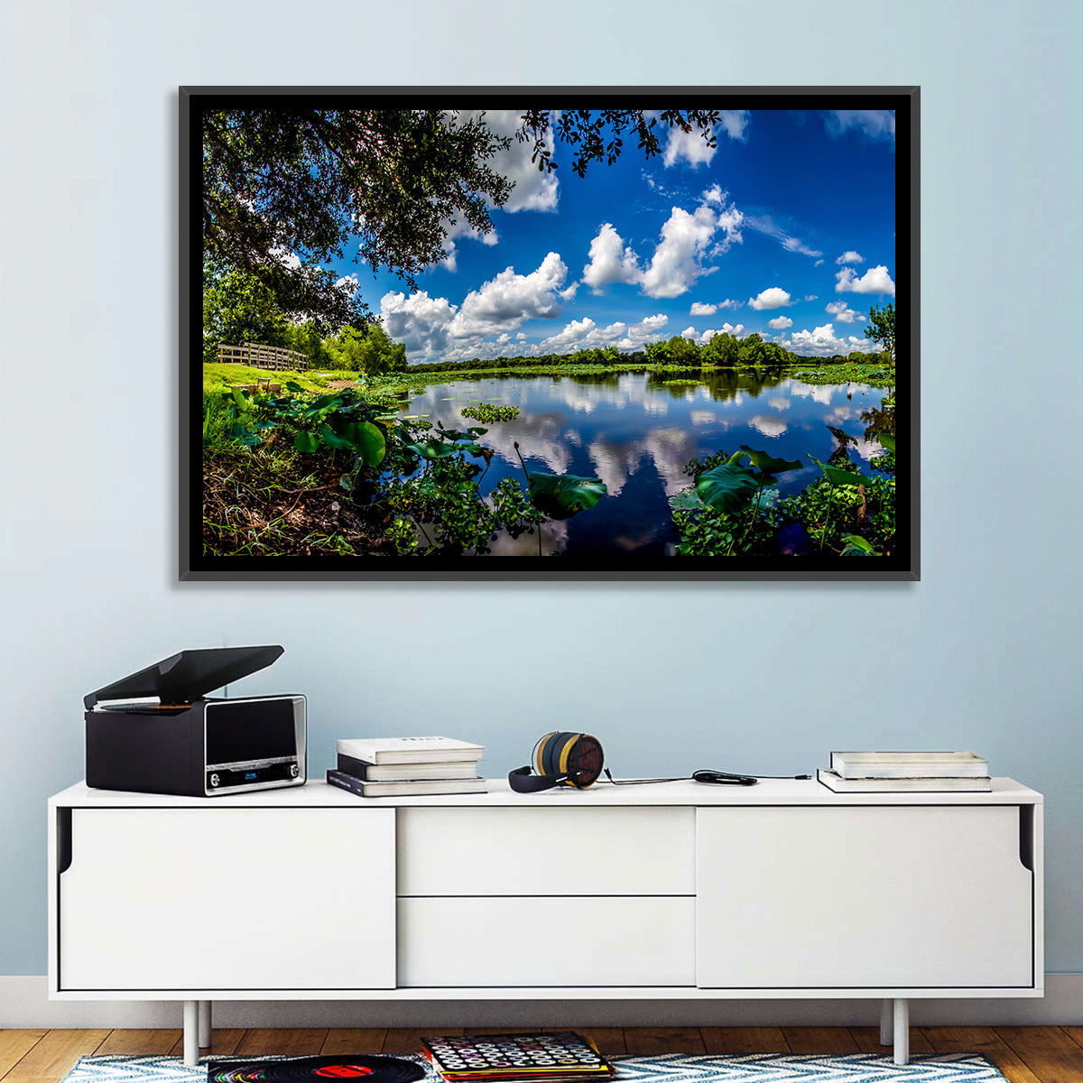 Brazos Bend Lake Reflection Wall Art in a room, landscape