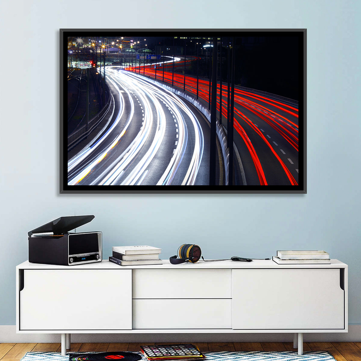 Night Highway Light Trails Wall Art in a room, landscape