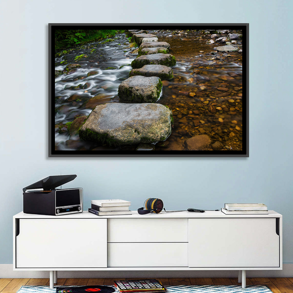 Mossy Stepping Stones Over Stream Wall Art in a room, landscape