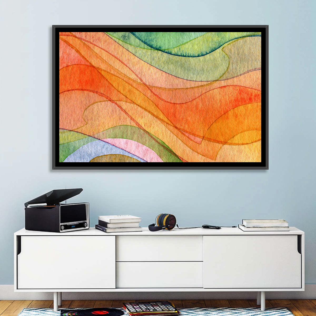 Flying Waves Abstract Wall Art in a room, landscape