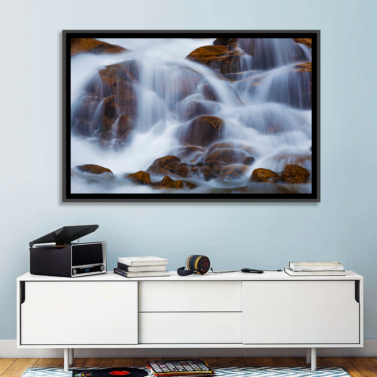 Rocky Mountain Waterfall Wall Art in a room, landscape