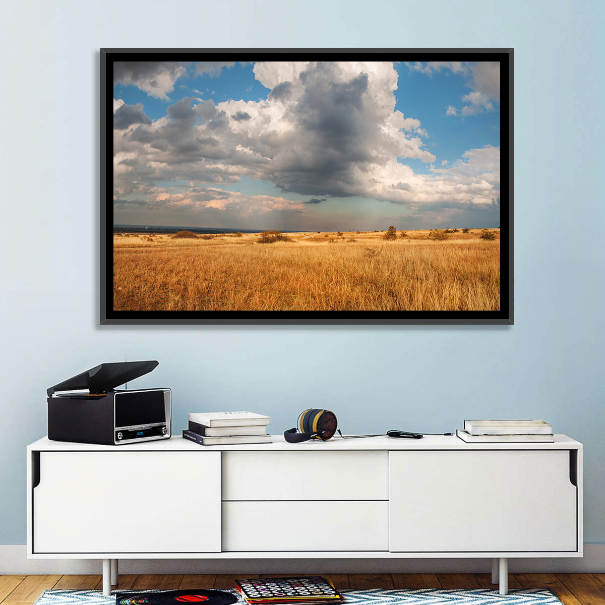 Golden Oklahoma Prairie Wall Art in a room, landscape