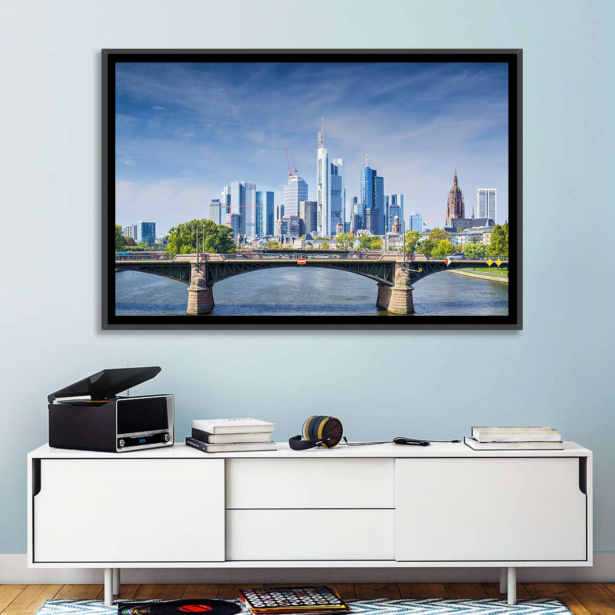 Frankfurt Skyline with Eiserner Steg Wall Art in a room, landscape