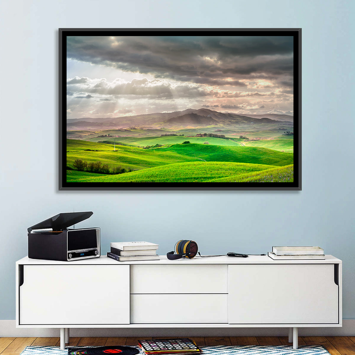 Tuscan Sunlit Hills Wall Art in a room, landscape