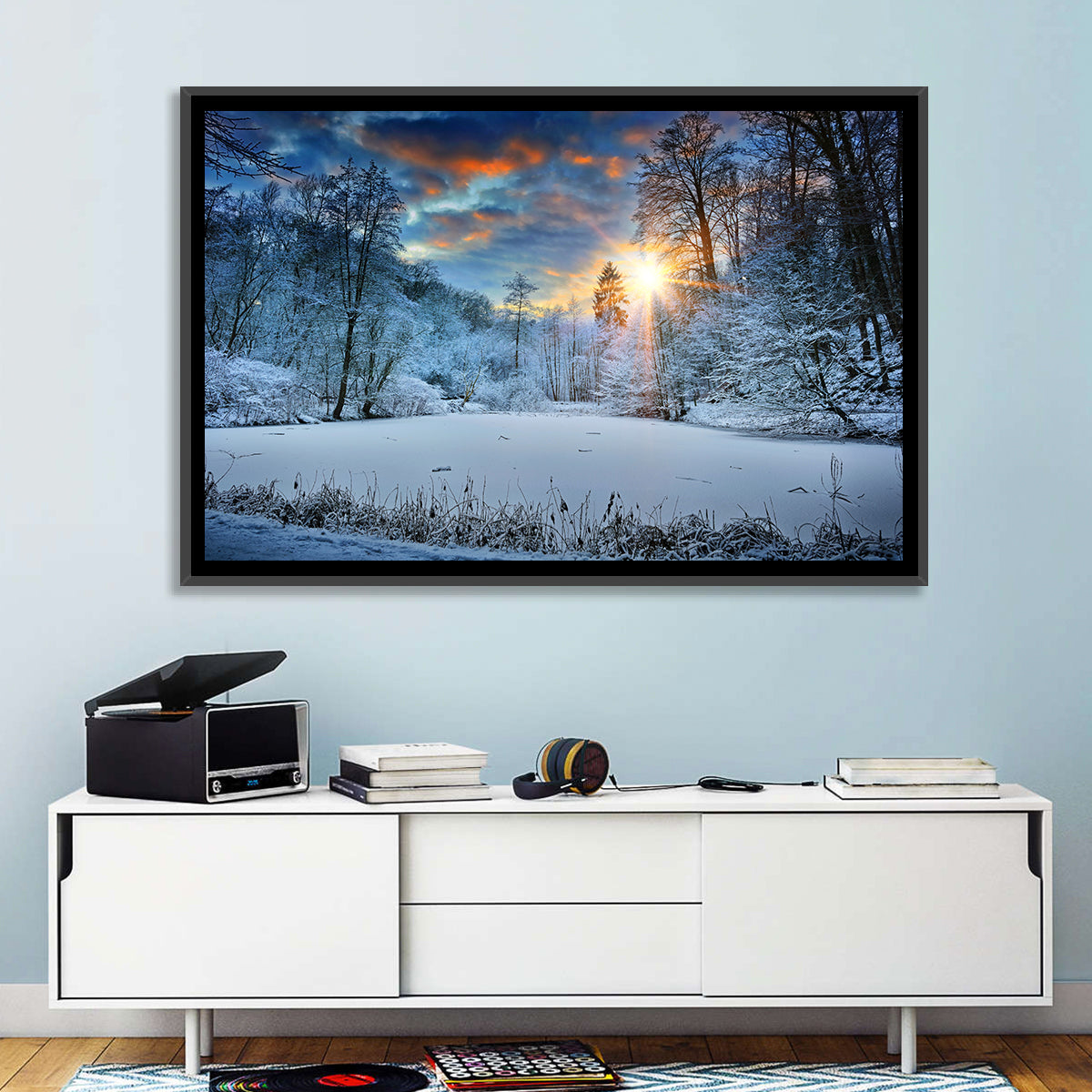 Frozen Forest Lake Wall Art in a room, landscape