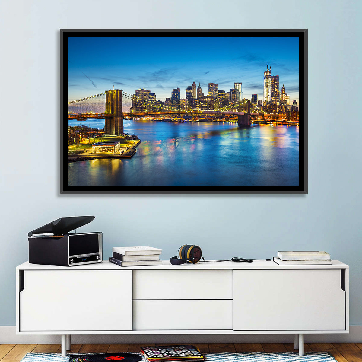 Brooklyn Bridge with Jane's Carousel Wall Art in a room, landscape